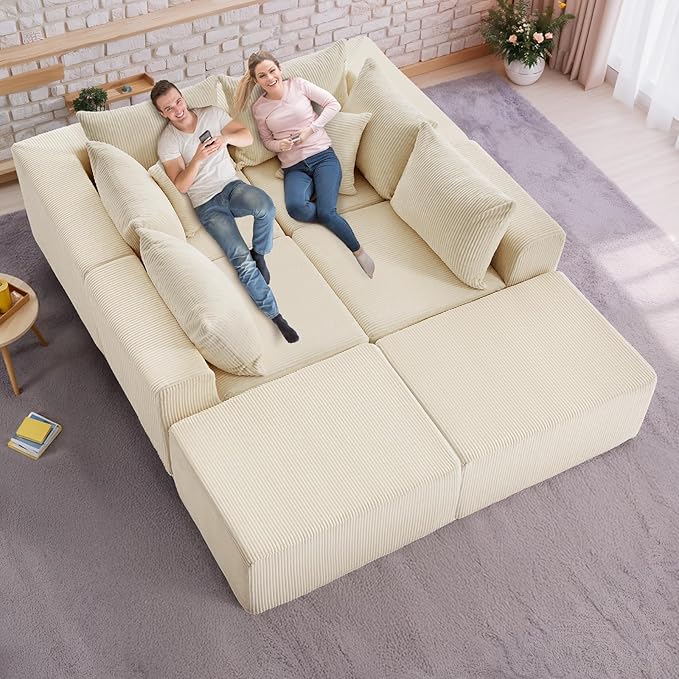 Oversize 131” Boneless Couch for Living Room, Comfort U Shaped Cloud Couch Sectional, Extra Deep Seats Corduroy Modular Sectional Sofa No Assembly,Beige
