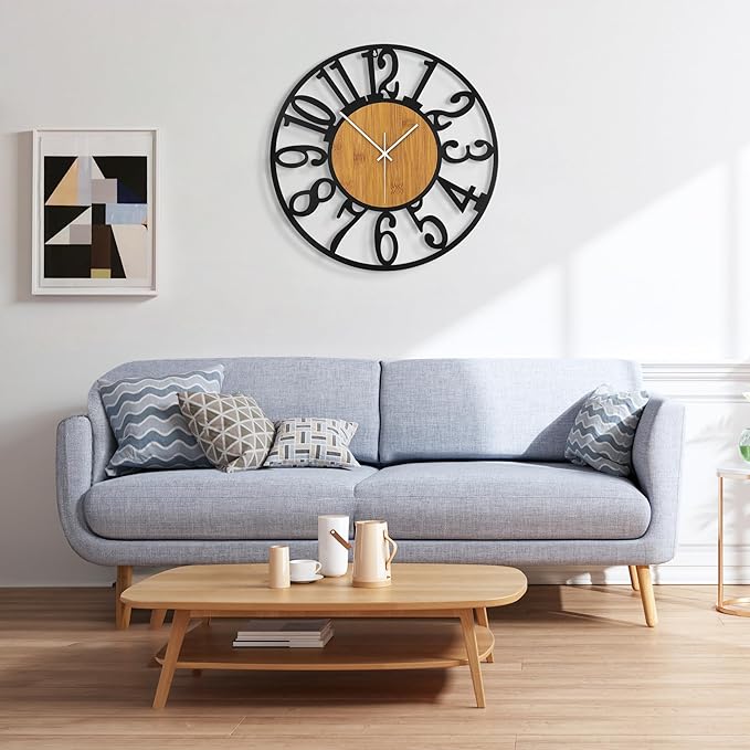 Large Wall Clock for Living Room Decor, 24 Inch Non Ticking Silent, Battery Operated Modern Vintage Oversized Wall Clock for Bedroom Kitchen
