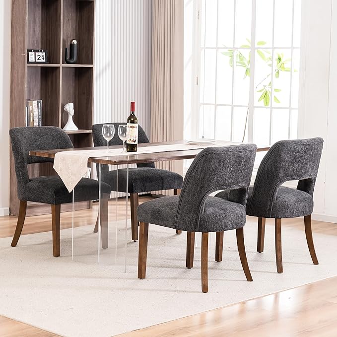 VKNOW Wooden Dining Chairs Set of 4, Modern Fabric Upholstered Dining Room Chair Kitchen Chairs, Farmhouse Dinner Chair for Kitchen Dining Room, Charcoal