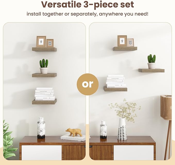 Fun Memories Floating Shelves for Wall - 9 Inch Square Shelves with Invisible Brackets, Small Wall Shelf for Living Room, Bathroom, Bedroom, and Kitchen Decor，Set of 3