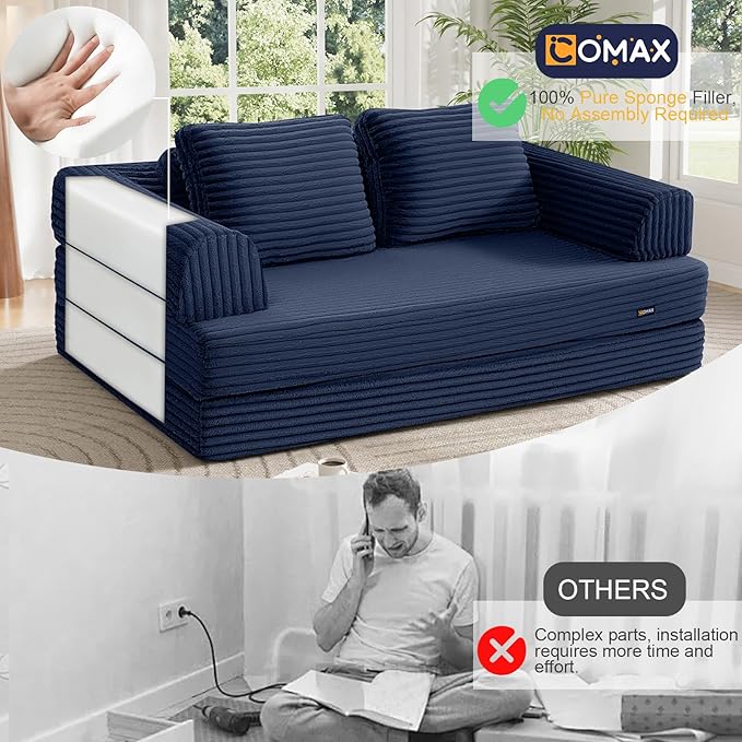 COMAX Convertible Sofa Bed, Folding Floor Couch Corduroy Fold Out Couch Bed Futon Sleeper Mattress with Pillows, Boneless Sofa Comfy Lounge Loveseat for Living Room Bedroom, Plush Navy
