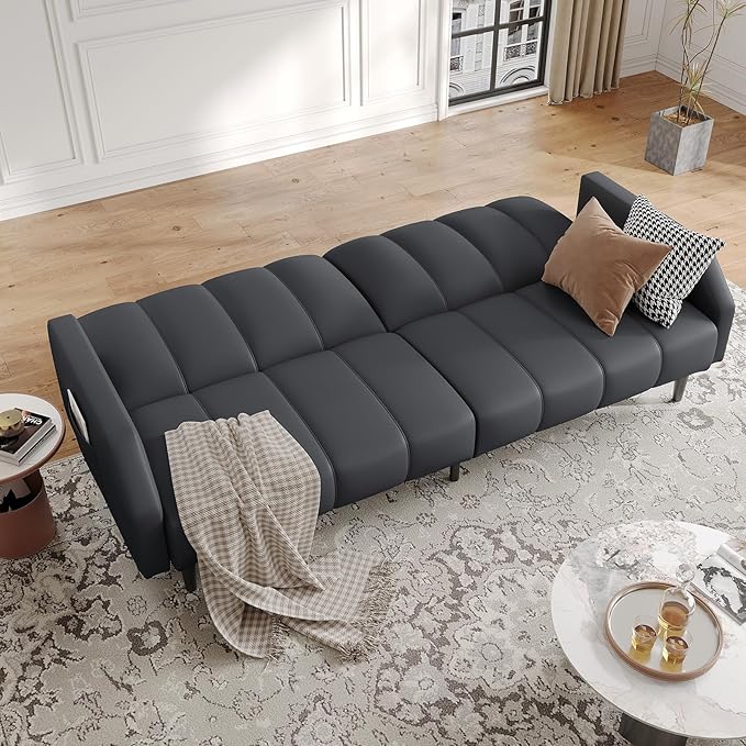 Fadware Faux Leather Couch, Convertible Futon Sofa Bed with Adjustable Backrest, Mid Century Leather Sofa Loveseat with Side Pockets& Metal Leg, Modern Leather Sleeper Sofa for Living Room Bedroom