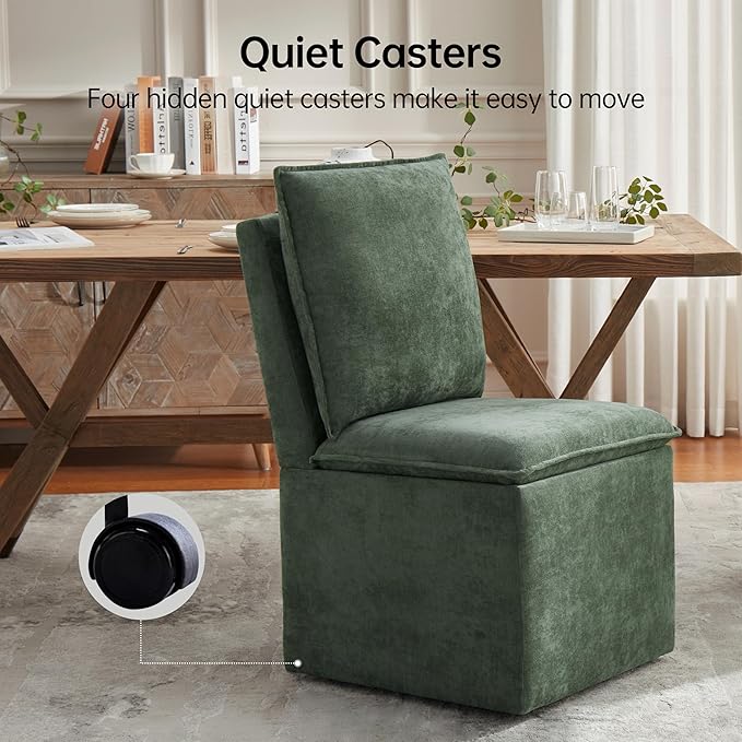 VKNOW Upholstered Dining Chairs Set of 4, Modern Rolling Chairs with Storage and Wheels, Linen Armless Chair with Cushion and Backrest, Dining Room Chairs for Living Room Kitchen Bedroom, Green