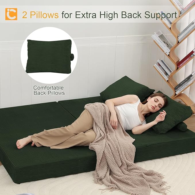 COMAX Convertible Sofa Bed, Folding Floor Couch Corduroy Fold Out Couch Bed Futon Sleeper Mattress with Pillows, Boneless Sofa Comfy Lounge Loveseat for Living Room Bedroom, Green