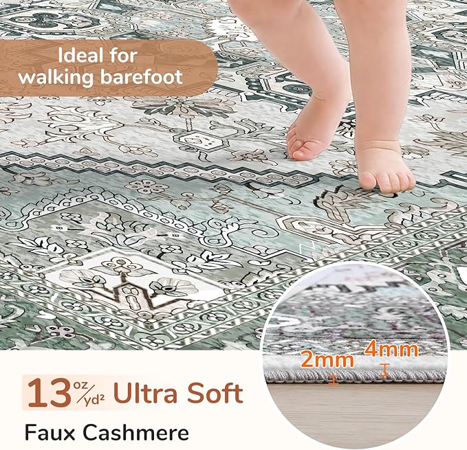 OPPODREAM Thin 10x14 Area Rugs, Washable Rugs 10x14 with Non Slip Backing, Low-Pile Faux Cashmere 10 x 14 Carpet, Green