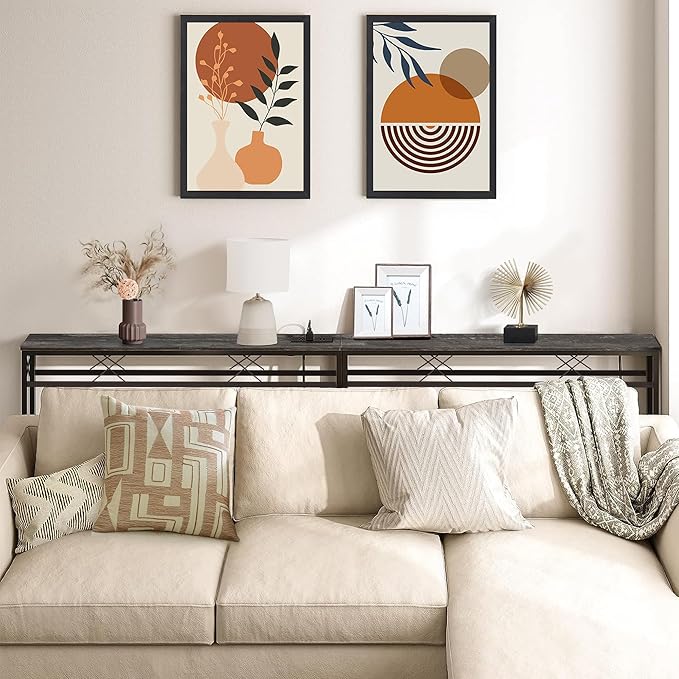 VECELO 55In Extra Long Narrow Sofa/Console Table with Charging Station & Power Outlet and USB Ports, for Entryway, Living Room, Office, Industrial, Grey