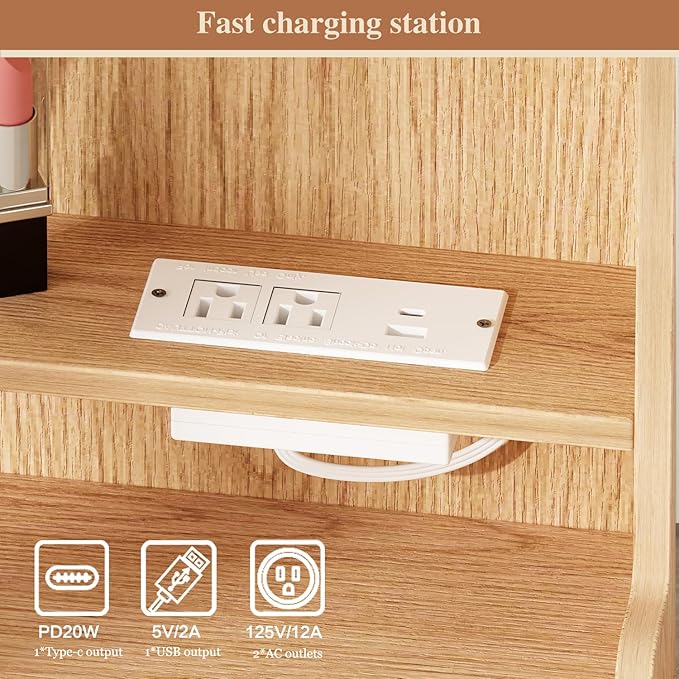 Makeup Vanity Desk with Mirror and Lights, Vanity Desk with 8 Drawers & Storage Shelves, Vanity Table with Power Outlet, 3 Color Modes & Adjustable Brightness Dressing Table, Bedroom,Oak2