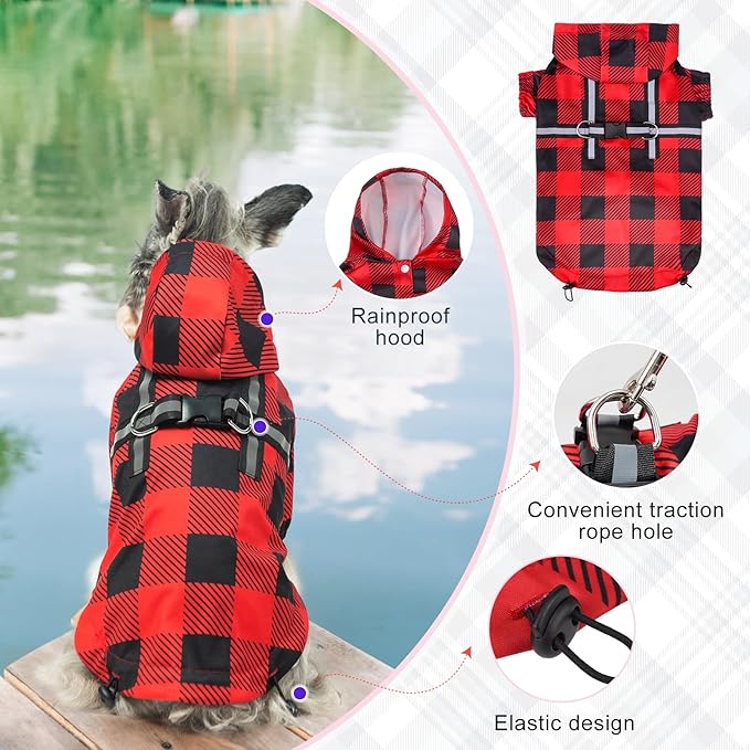 BEAUTYZOO Dog Raincoat Hooded with Harness Built-in, Slicker Poncho, Waterproof Dog Rain Coat for Winter Rainy Snowy Days, Buffalo Red, L
