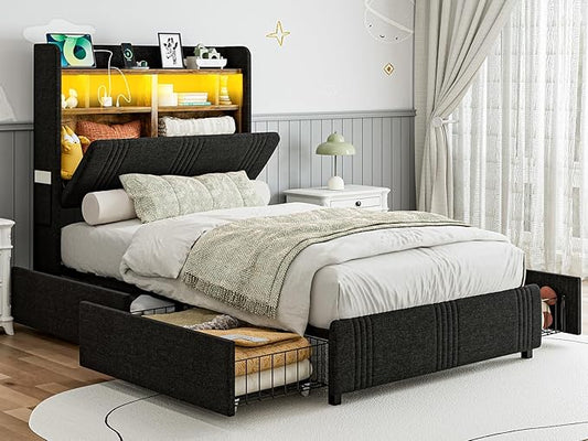 IKIFLY 49.2" Tall Twin XL Bed Frames with 4 Storage Drawers, Upholstered Wingback Hidden Storage Headboard with LED Lights & Charging Station, Solid Wood Slats, No Box Spring Needed, Black