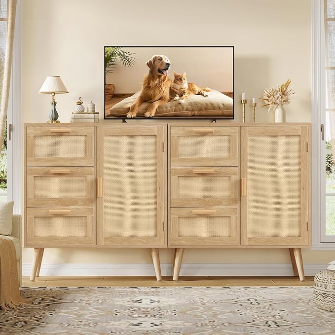 Iwell Storage Cabinet with 3 Drawers, Rattan Cabinet with Adjustable Shelf, Small Storage Cabinets, for Living Room, Entryway, Natural