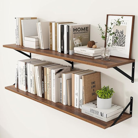 Heimlove 12 Inch Deep Floating Shelves for Wall, 48W x 12D Wood Wall Shelves Set of 2, Walnut Wide Floating Bookshelf for Living Room, Kitchen, Office, Bedroom, with Black Metal Bracke - Walnut