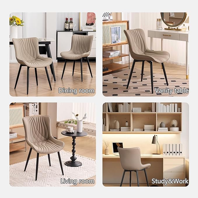 Kidol & Shellder Khaki Dining Chairs Set of 2,Faux Leather Upholstered Mid Century Modern Kitchen&Dining Room Chair with Back,Ergonomic Armless Vanity&Living Room Chair with Metal Legs
