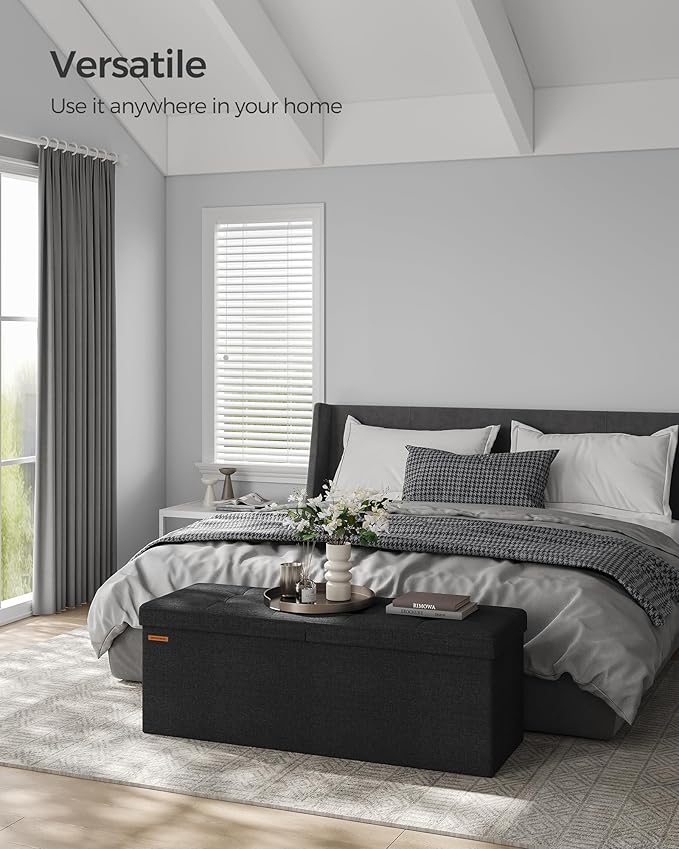 SONGMICS Mazie Collection - 43 Inches Storage Ottoman, Foldable Storage Bench with Flipping Lid, 660 lb Load Capacity, for Entryway, Living Room, Bedroom, Ink Black ULSF076B01