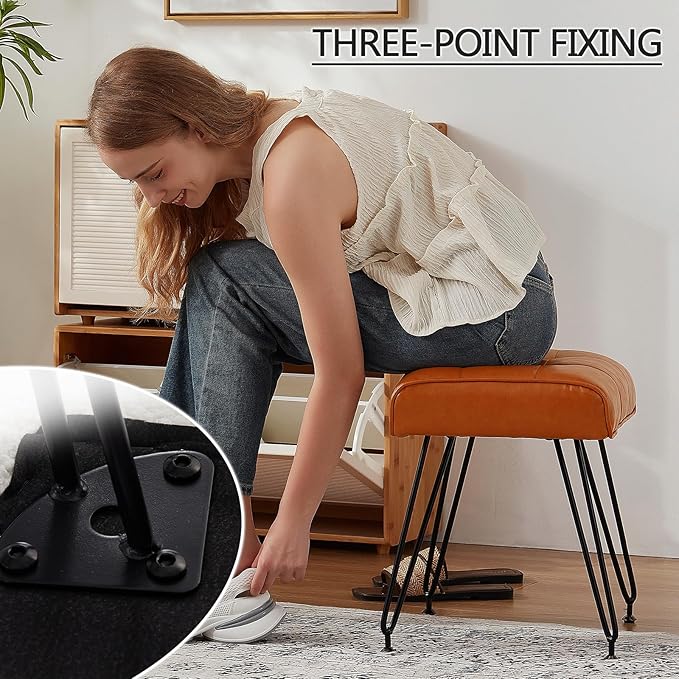 PU Leather Vanity Stools, Vanity Stool Chairs for Makeup Faux Leather Foot Stools Ottoman with Metal Leg Make up Chairs for Vanity Small Bench Seat for Living Room Bedroom (Whiskey Brown)