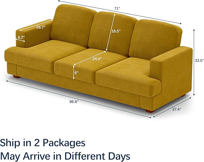 WiberWi 87 inch Couches for Living Room, Comfy 3 Seater Sofa with Deep Seat, Modern Corduroy Couch with Wide Armrests, Upholstered Backrests with Removable Cover, Mustard