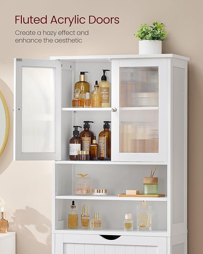 VASAGLE Storage Cabinet, Freestanding Storage Unit with Adjustable Shelves, Drawer, Open Compartments, for Bathroom, Living Room, Kitchen, Cloud White UBBC768WH01S