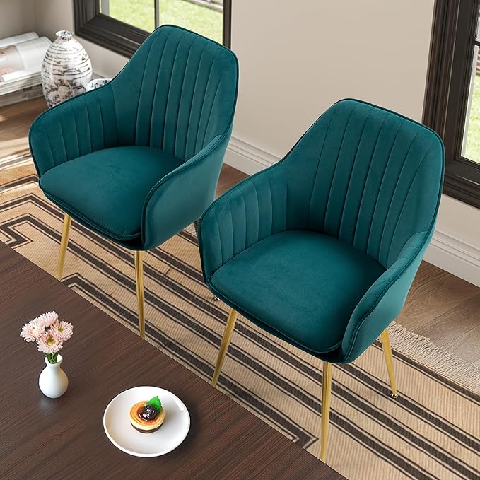 ECOTOUGE Matte Velvet Dining Chairs Set of 2, Modern Arm Chair with Golden Metal Legs, Living Room Accent Chairs for Kitchen, Emerald Green