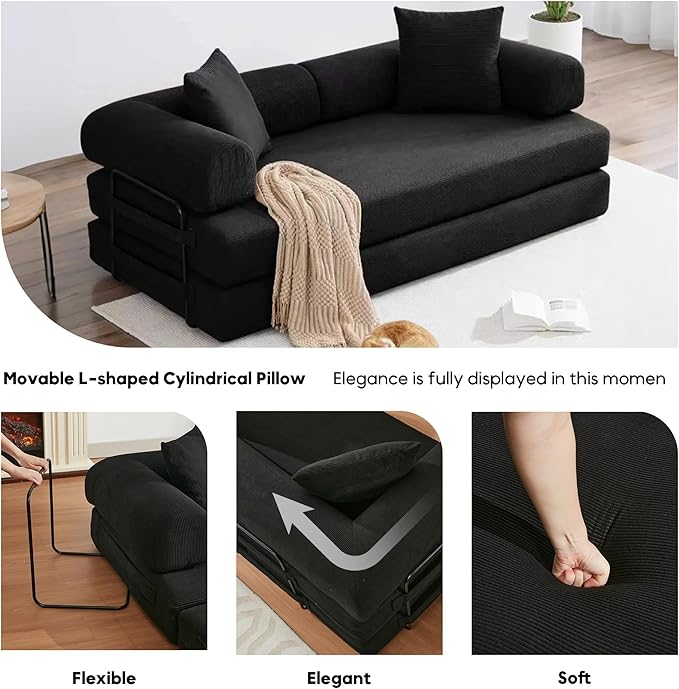 Convertible Sleeper Sofa Bed with Cylindrical Pillow, Corduroy Folding Mattress Couch with Fixed-Shape Frame, Floor Sofa Lounge Couch for Living Room Bedroom Lounge Studio-Black