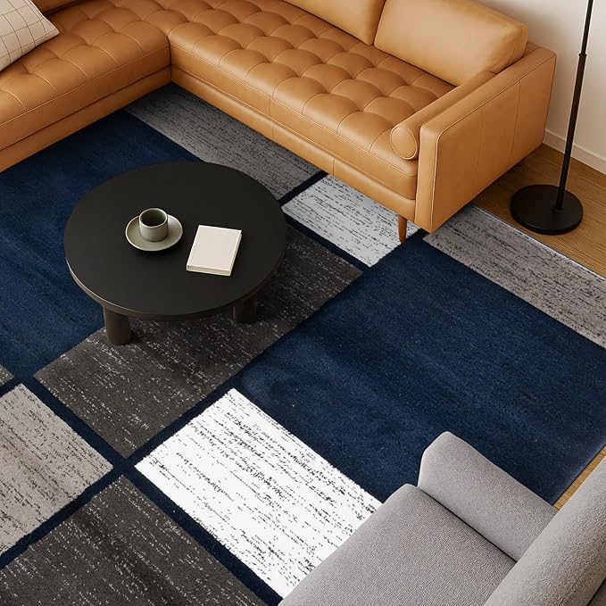 Rugshop Modern Geometric Boxes Navy Area Rug, Fade-Resistant Carpet for Bedroom, Living Room, or Study, 6'6" x 9'
