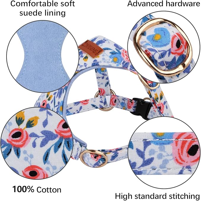 CHEDE No Pull Floral Pattern Dog Harness- Lightweight and Soft Dog Harness, Adjustable Small Dog Harness and Leash Set, with Dog Leash, Suitable for Puppy Small and Medium-Sized Dog (XS, Blue Rose)