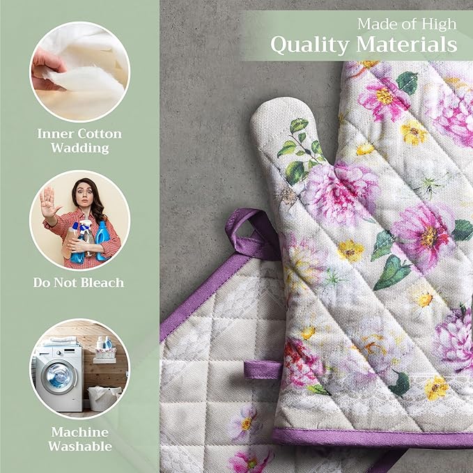 Maison d' Hermine 100% Cotton Oven Mitt & Pot Holder Set (7.5"x13" & 8"x8") Heat Resistant BBQ Cooking Gloves with Loop, Baking, Grilling, Kitchen, Handling Hot Pans Spring/Summer (Pivoine)