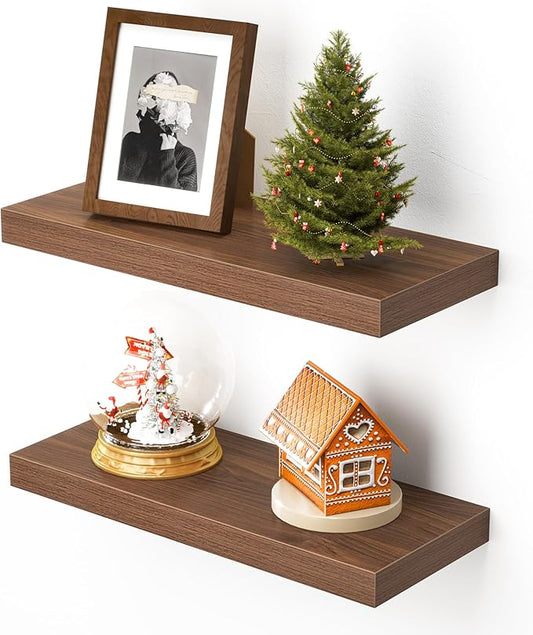 Heimlove Floating Shelves for Wall,16 inchs Shelf for Small Bathroom,Mounted Storage & Display Shelves for Bedroom,Living Room,Kitchen,Office,Set of 2,Walnut Color