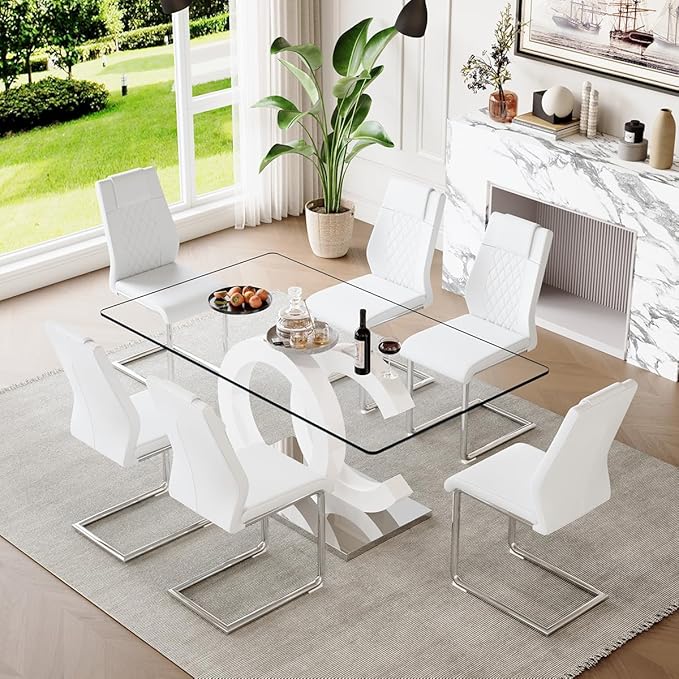 63'' Glass Dining Table Set for 6, Kitchen Table Chairs Set of 6, Clear Glass Dining Table with White unique design Leg and Silver Metal Base, 6 PU Dining Chairs with Metal Legs, Living Room, Kitchen.