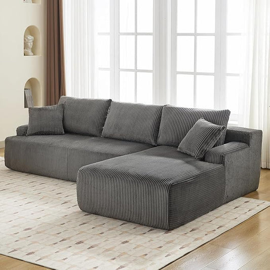 Sectional Cloud Couch for Living Room L Shaped Couch with 3 Seat Ind. Chaise Longue Corduroy Fabric Boneless Modular Modern Sofa with Pillows for Apartment and Small Space Grey