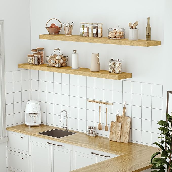 Vivelove 55 inch Long Floating Shelves for Wall, 10.3" Deep & Thicker Storage Shelf for Living Room, Kitchen, Farmhouse,Wall Shelves with Invisible Brackets,Set of 1, Oak