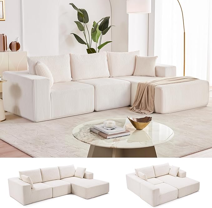108” Modular Sectional Sofa, Cloud Sectional Couch with Deep Seat, Modern Modular L-Shape Sofa with Chaise,Upholstered Boneless Couches for Living Room (Corduroy, Beige)