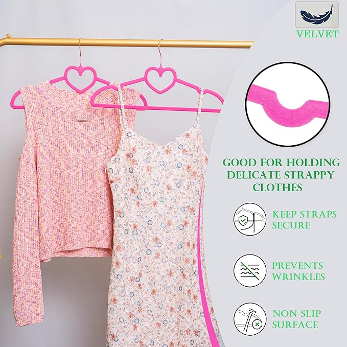 Hot Pink Velvet Hangers 50 Pack, Premium Non-Slip Heart Hanger, 360° Swivel Rose Gold Hooks, Space Saving Slim Hanger, Durable & Cute Clothes Hanger for Adult