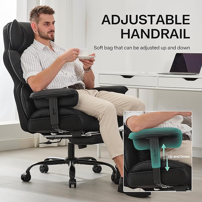 Big and Tall Office Chair 400lbs Wide Seat,High Back Gaming Chair with Foot Rest, Ergonomic Reclining Executive Office Chairs Lumbar Support,Leather Computer Chair Adjustable Arm(Black)