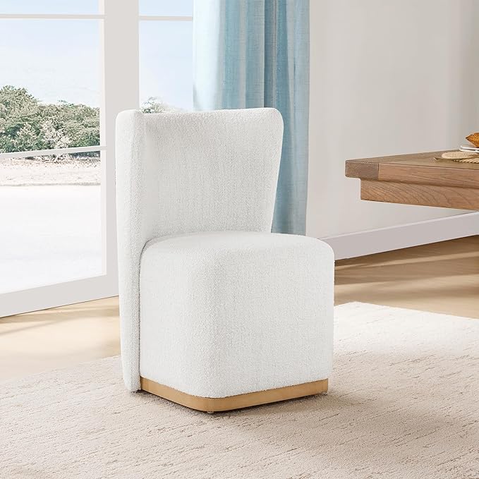 CHITA Upholstered Rolling Dining Chair on Casters Set of 4, FSC Certified Modern Curve Back Dining Chair with Casters, Boucle Dining Chairs for Reading Room Kitchen Dining Room, Pearl