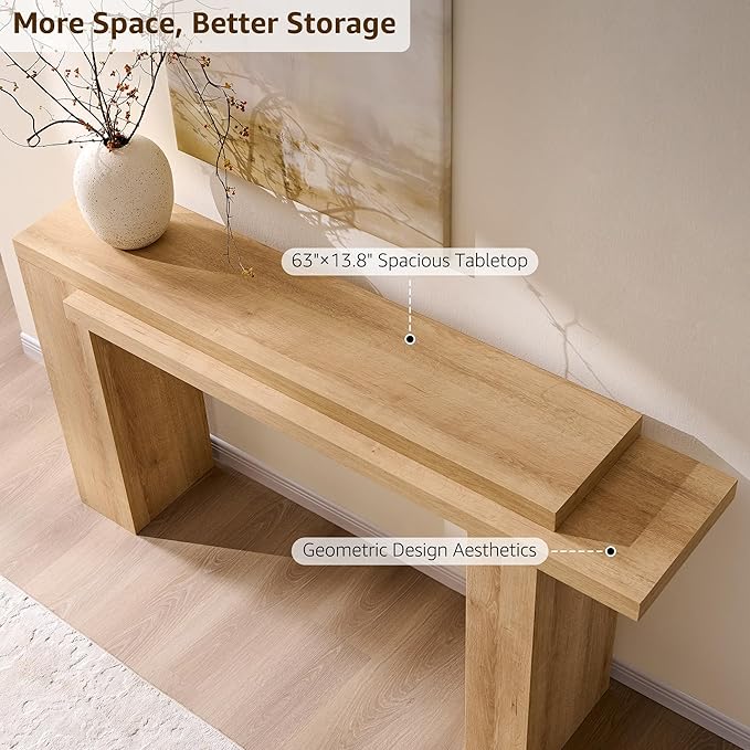 OKD 63 Inch Modern Entryway Console Table, Solid Geometry Accent Sofa Table Behind The Couch, Narrow Console Table for Entryway, Hallway, Living Room, Foyer, Natural Oak
