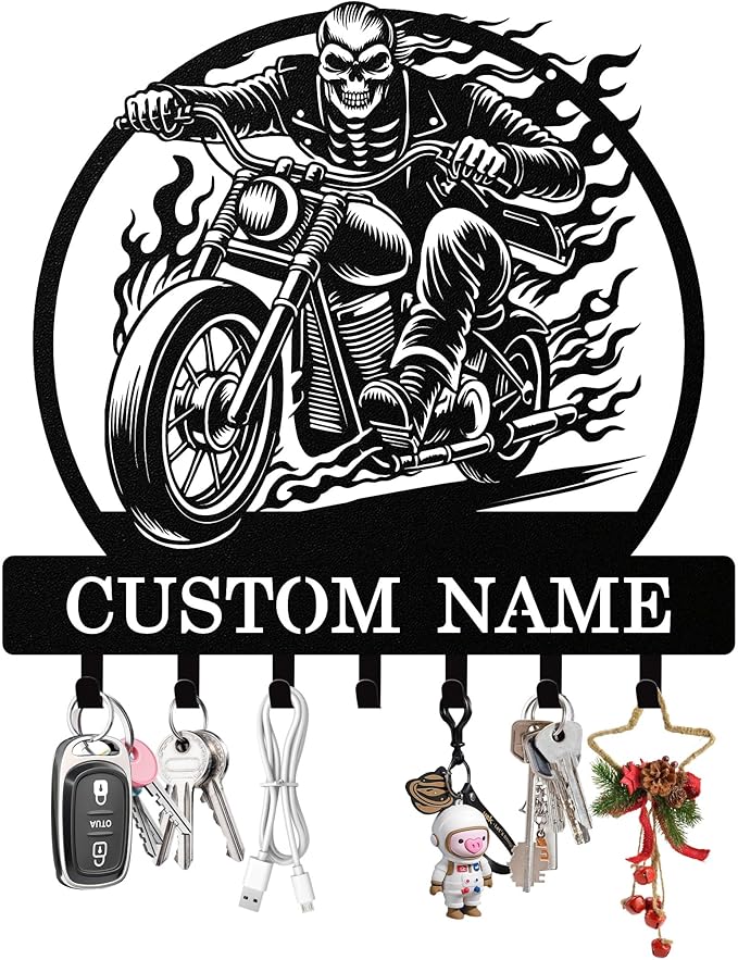 Personalized Key Holder Wall Mount, Custom Motorcycle Metal Keys Holder for Wall with Name, Wall Key Hanger Rack with Hooks for Entryway, Front Door, Living Room, Kitchen, Bathroom, Garden