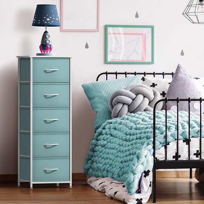 Sorbus Fabric Dresser for Kids Bedroom - Chest of 5 Drawers, Tall Storage Tower, Clothing Organizer, for Closet, for Playroom, for Nursery, Steel Frame, Fabric Bins - Wood Handle (Aqua)