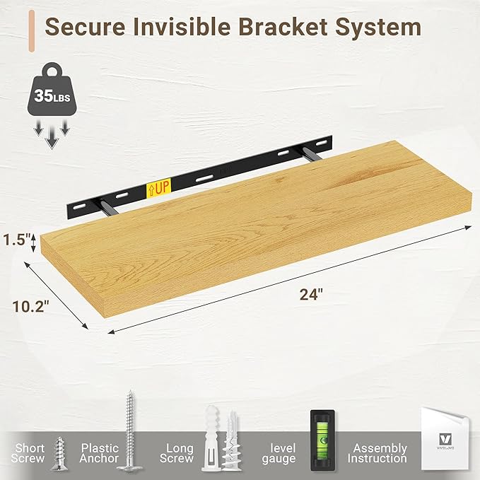 Vivelove 10" Deep Floating Shelves Over Toilet, 24" Wall Shelves for Bathroom Bedroom Kitchen Living Room Laundry Room, Modern Rustic Shelves for Home Decor, 24"x10.2"x1.5", Set of 2, Oak