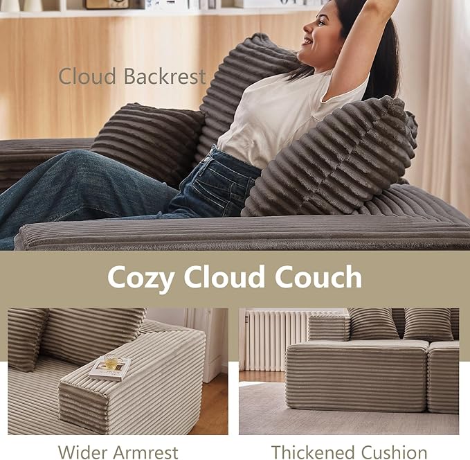 140" Sectional Cloud Couch for Living Room, Stupendous U Shaped Sofas, Modular Floor Deep-Seat Sofa, Big Comfy Corduroy Couches Set with Fluffy Memory Foam, No Assembly Required, Camel