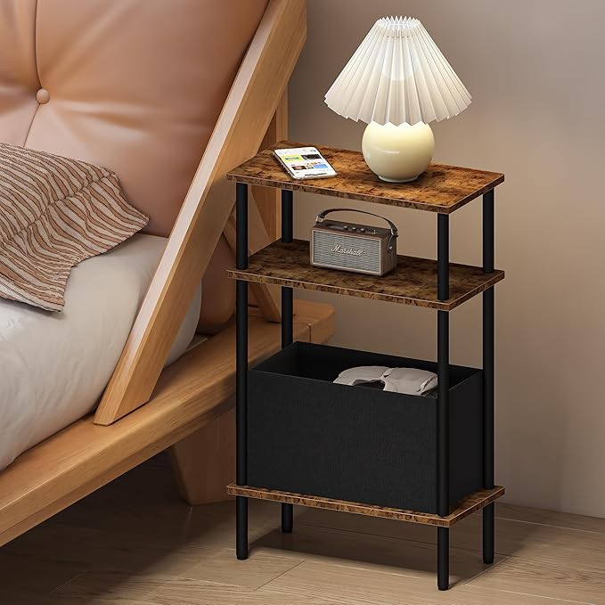 Narrow Side Table with Fabric Basket, Set of 2 End Table for Small Spaces, Slim Nightstand with 3-Tier Storage Shelf, Sofa Beside Table, for Living Room, Bed Room, Rustic Brown
