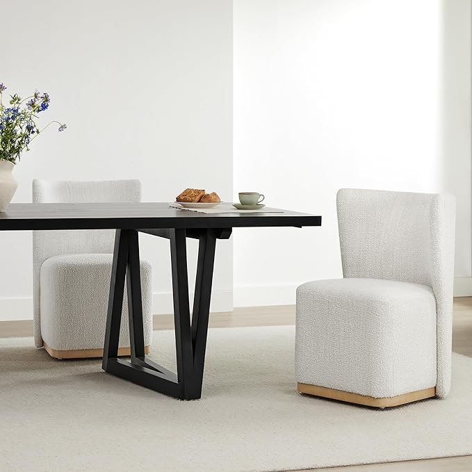 CHITA Upholstered Rolling Dining Chair on Casters Set of 4, FSC Certified Modern Curve Back Dining Chair with Casters, Boucle Dining Chairs for Reading Room Kitchen Dining Room, Pearl