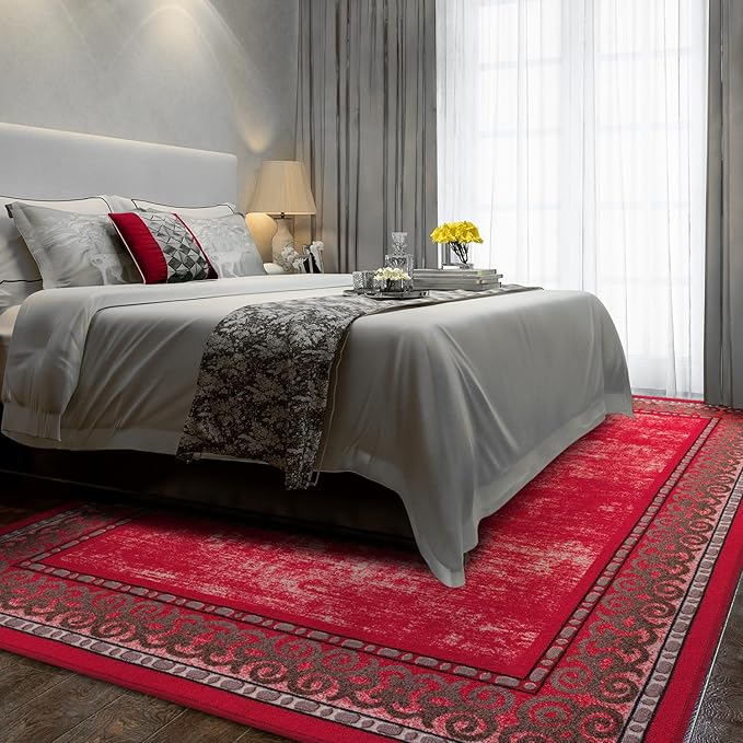 Antep Rugs Alfombras Bordered Modern 3x5 Non-Slip (Non-Skid) Low Pile Rubber Backing Indoor Area Rug (Red, 3' x 5')
