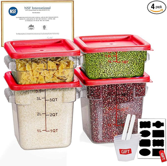 2QT&4QT NSF Food Storage Containers with Lids: 4 PCS [Total Food Grade][Hot&Cold Resistant] Commercial Clear Food Storage Containers for Restaurant Kitchen Proof Dough (Red)