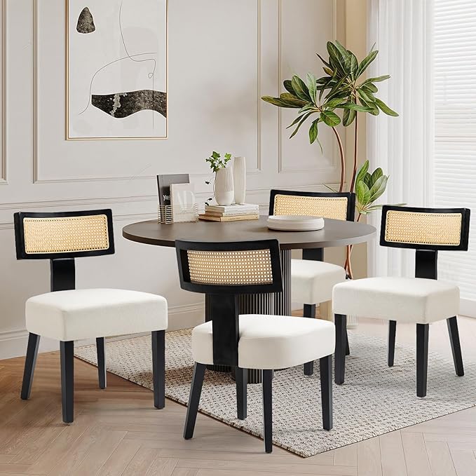 Upholstered Rattan Dining Chairs Set of 6, Mid-Century Modern Fabric Dining Room Chairs with Black Hardwood Frame, Curved Backrest Kitchen Armless Accent Chairs for Living Room (Cream)