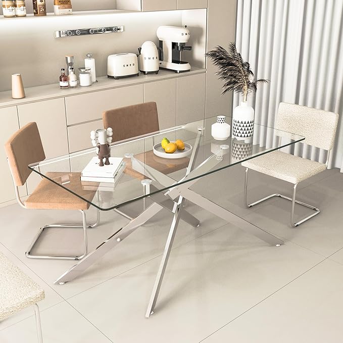 60" Glass Dining Table Modern Kitchen Table for 4-6 People, Contemporary Rectangular Dining Room Dinner Tables with Clear Glass Top & Silver Metal X Legs for Kitchen Apartment