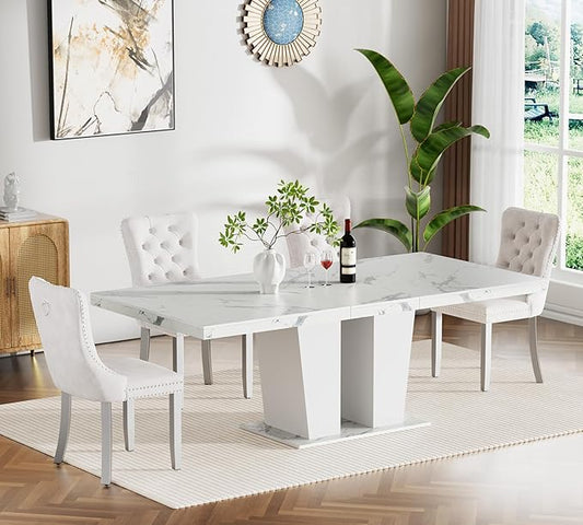 5-Piece Extendable Dining Table Set for 4-8 People 63-78 Inch Kitchen Table Set with 4 Beige Upholstered Chairs Modern White Faux Marble Rectangular Dining Room Table Set for Kitchen Apartment