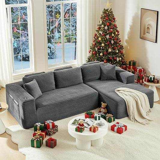 108" Boneless Couch, Cloud Couch Modular Sectional Sofa with Deeper Seat, L-Shaped Sofa with 4 Storage Pockets, Comfy Corduroy Couches for Living Room (Right Facing Chaise, Grey)