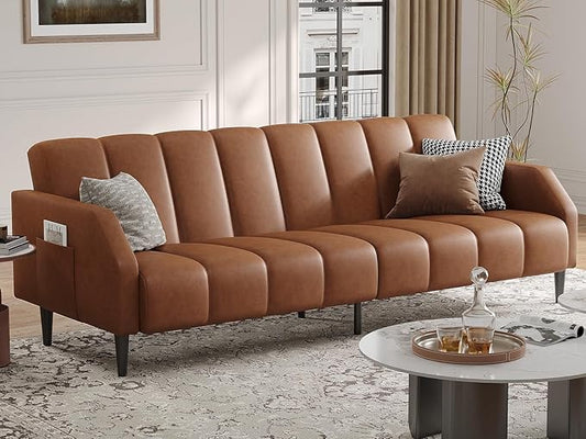 Fadware Faux Leather Couch, Convertible Futon Sofa Bed with Adjustable Backrest, Mid Century Leather Sofa Loveseat with Side Pockets& Metal Leg, Modern Leather Sleeper Sofa for Living Room Bedroom