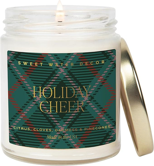 Sweet Water Decor Holiday Cheer Christmas Scented Candles - Christmas Stocking Stuffers Soy Candles with Citrus Scent - Christmas Candles with 40 Hours Burn Time - 9Oz Gold Lid Clear Jar Wax Candles
