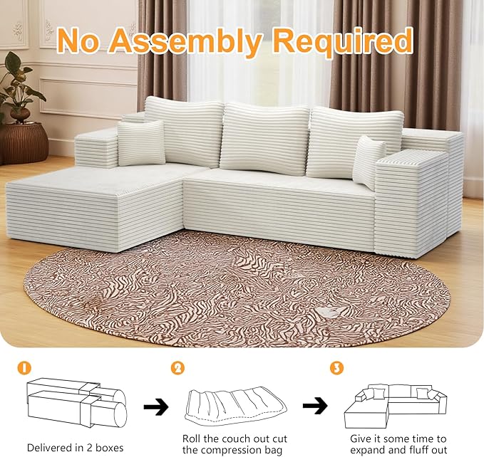 106'' Boneless Couches for Living Room, L Shaped Modular Sectional Sofa with Chaise Lounge, Faux Rabbit Fur & Layered Cushion Deep Seat Cloud Couch, No Assembly (Beige, Left Facing Chaise)