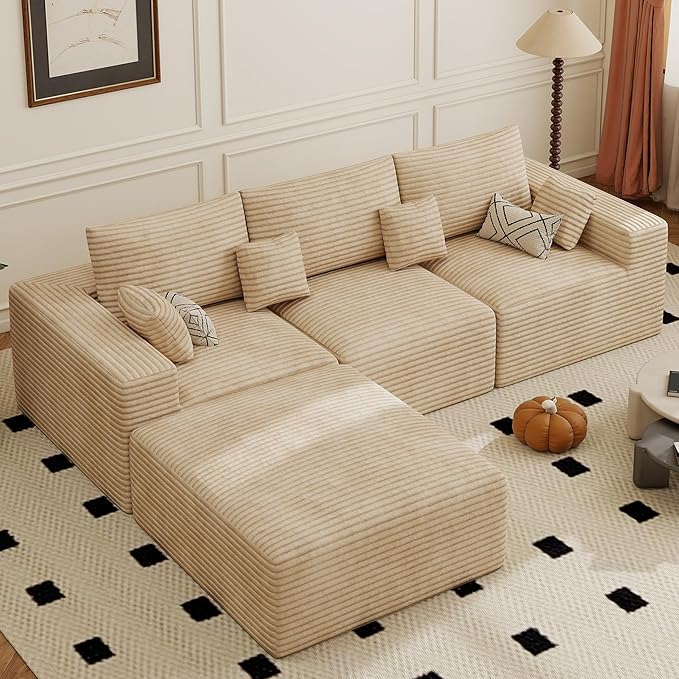 113" Modular Sectional Sofa, Convertible L-Shaped Cloud Couches for Living Room with Ottoman, 4 Seater Corduroy Boneless Couch Sofa Set, No Assembly Required, Khaki 1 PCS